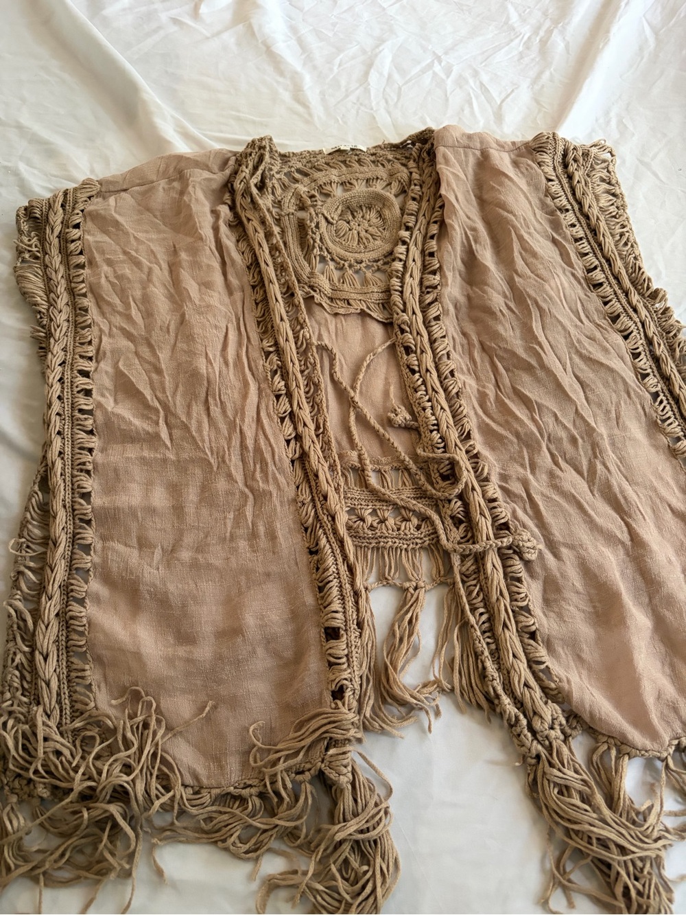 Miracle Boho Crochet Fringe Cardigan Taupe Size S/M
